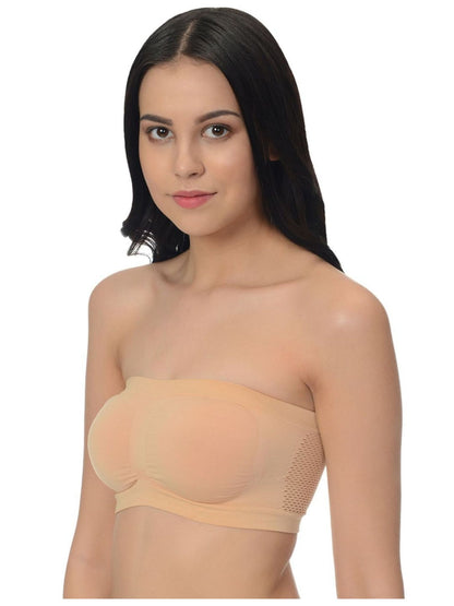 Women Solid Wirefree Beige Tube Padded Seamless Bra