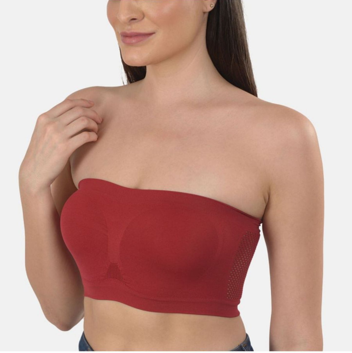 Women Solid Wirefree Maroon Tube Padded Seamless Bra