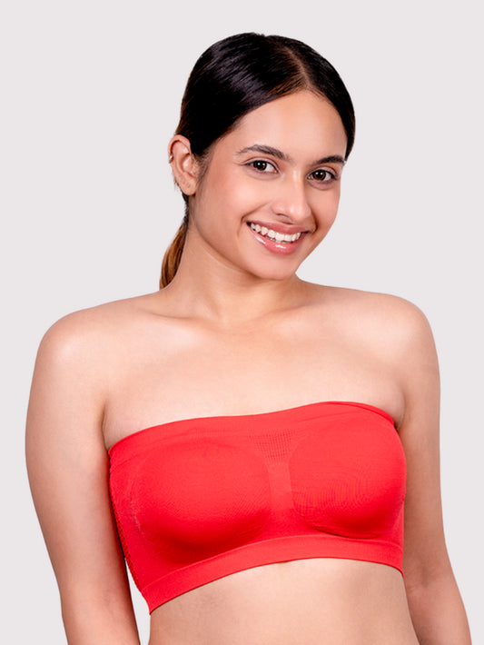 Women Solid Wirefree Red Tube Padded Seamless Bra