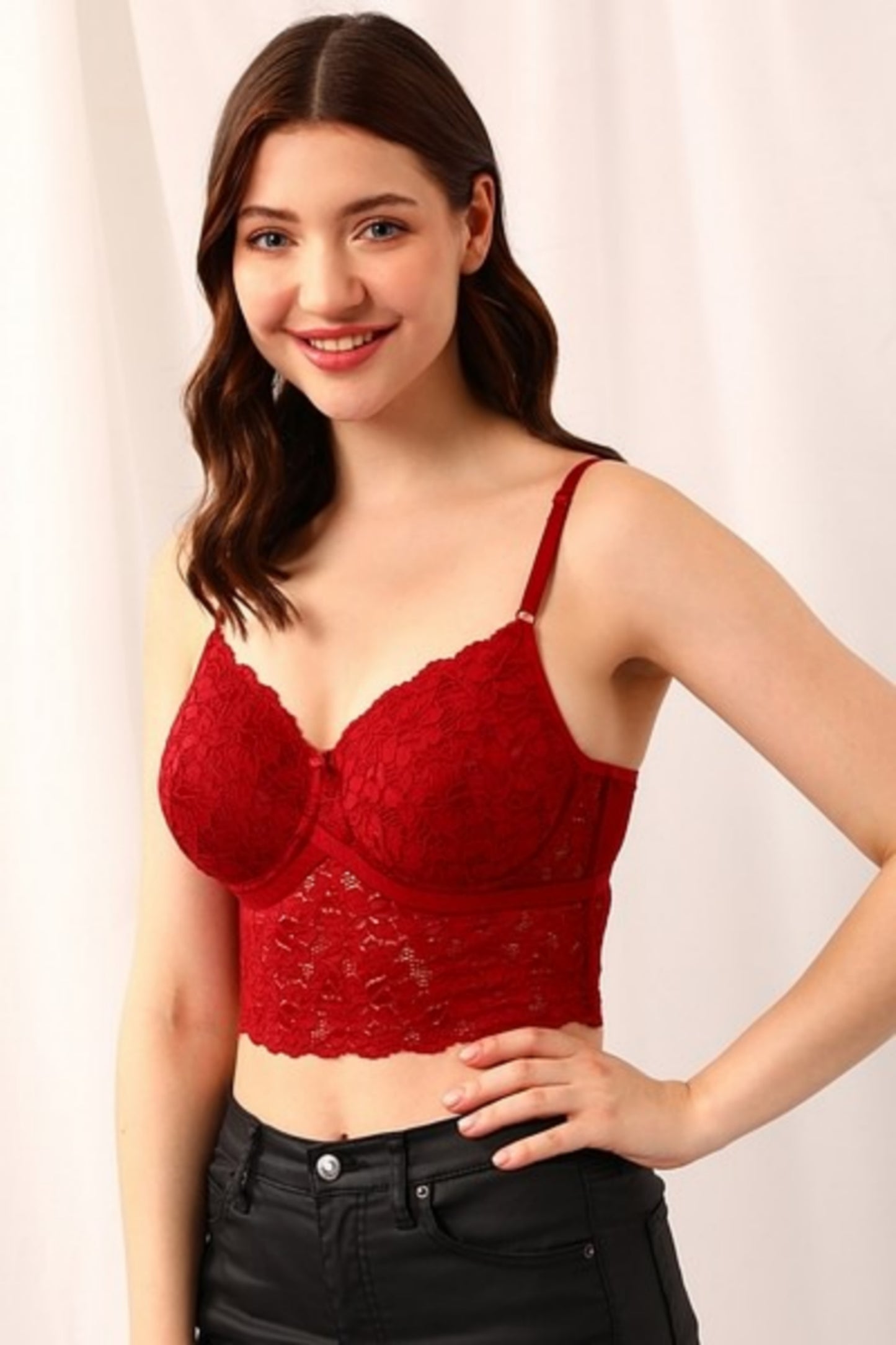 Bindeshwari Padded Underwired Full Cup Longline Bralette in Maroon - Lace