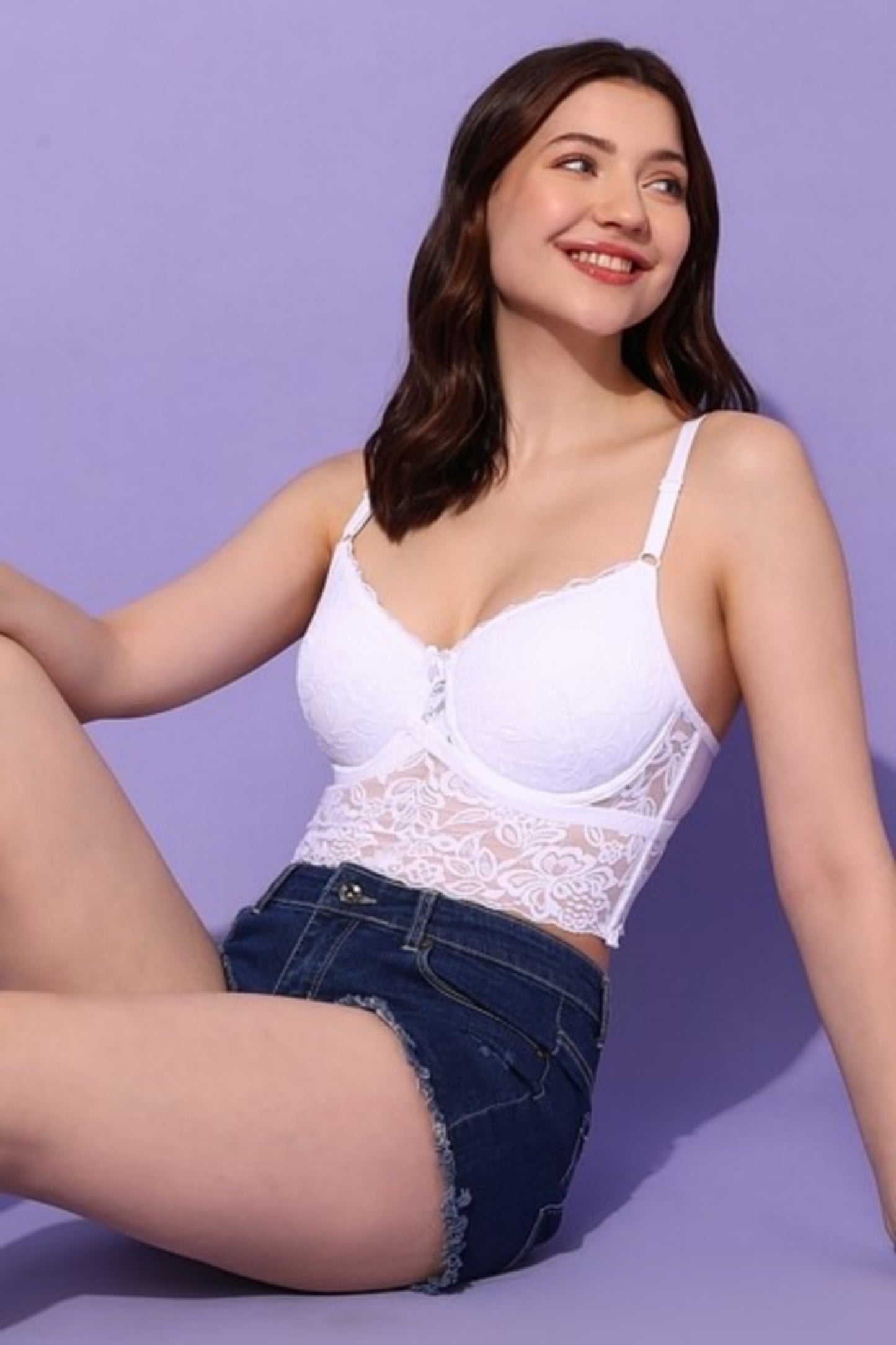 Bindeshwari Padded Underwired Full Cup Longline Bralette in White - Lace