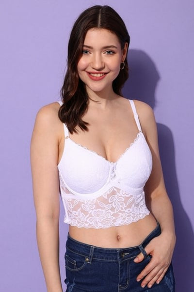 Bindeshwari Padded Underwired Full Cup Longline Bralette in White - Lace