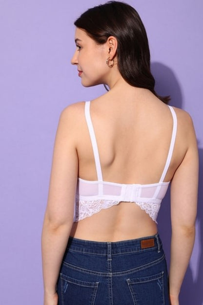 Bindeshwari Padded Underwired Full Cup Longline Bralette in White - Lace